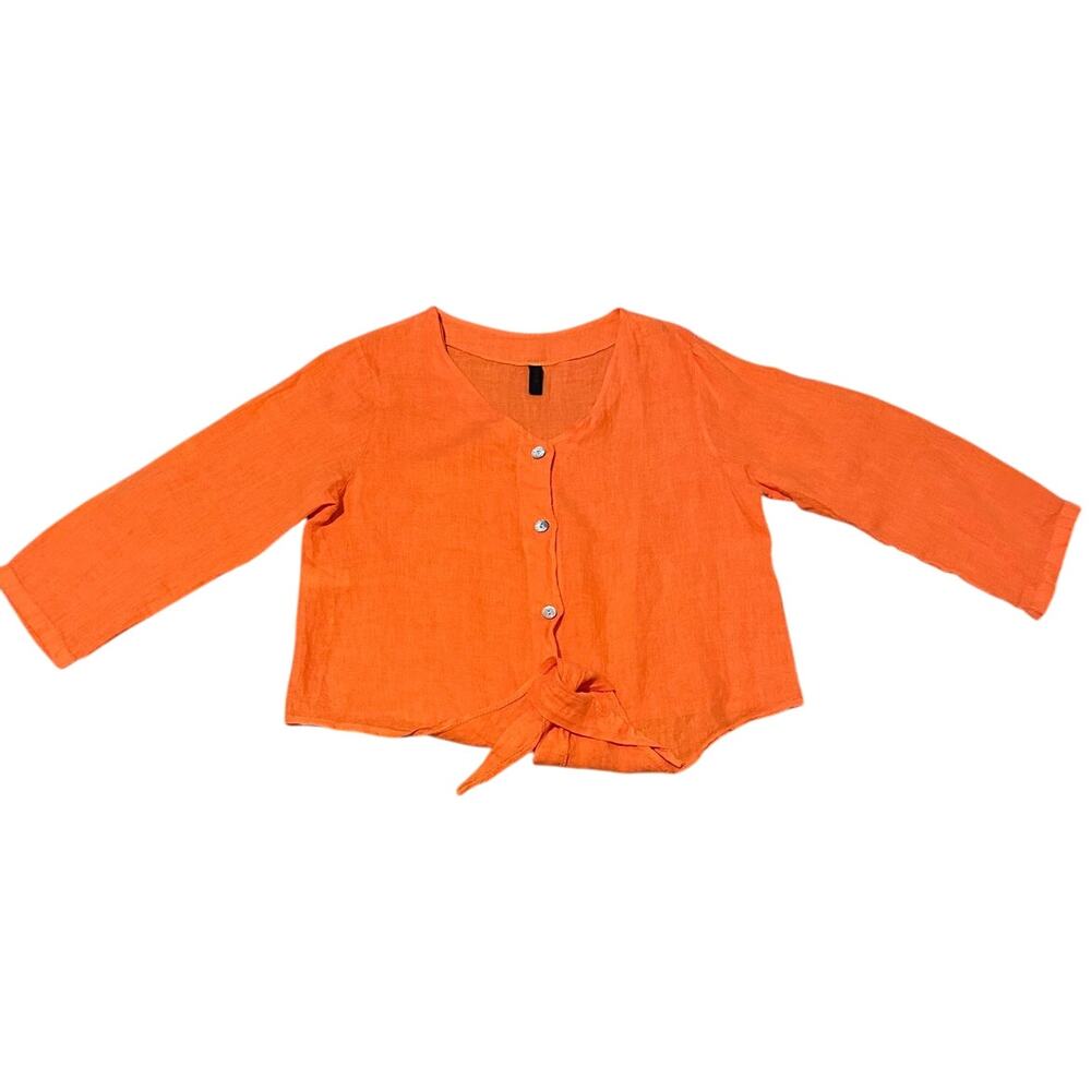 100% Linen 3/4 Sleeve Button Up Shirt w/tie Orange Made in Italy Lagenlook Boho